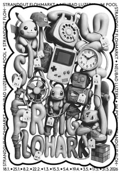 Michael Speranza “Strandgut Flohmarkt – Neubad Luzern 2025” / giclée typographic poster / available in F4, 100×140, 70×100, 50×70, A0, A1, A2