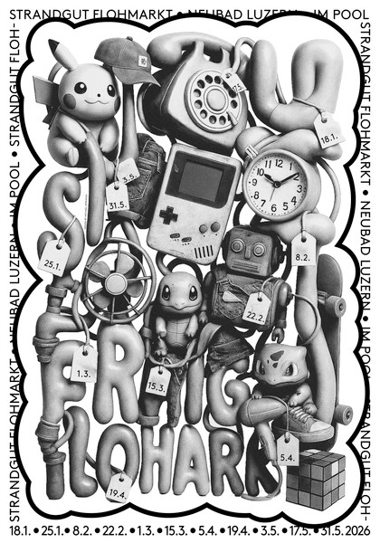 Michael Speranza “Strandgut Flohmarkt – Neubad Luzern 2025” / giclée typographic poster / available in F4, 100×140, 70×100, 50×70, A0, A1, A2