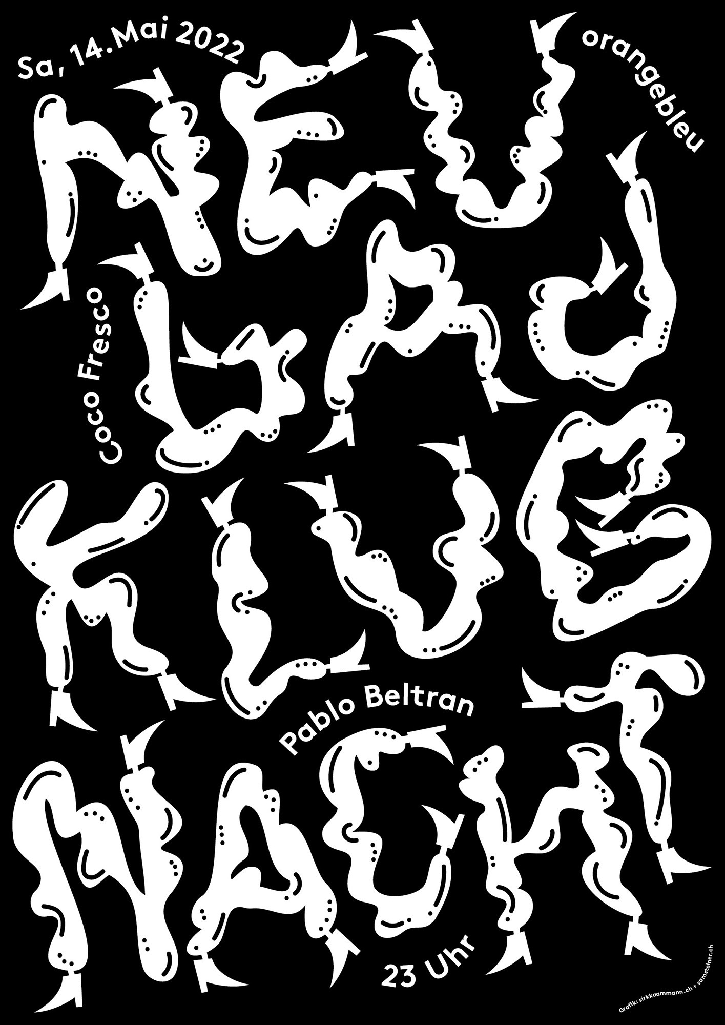 Sam Steiner “Klubnacht: Coco Fresco, Pablo Beltran, orangebleu” / giclée typographic poster / available in F4, 100×140, 70×100, 50×70, A0, A1, A2